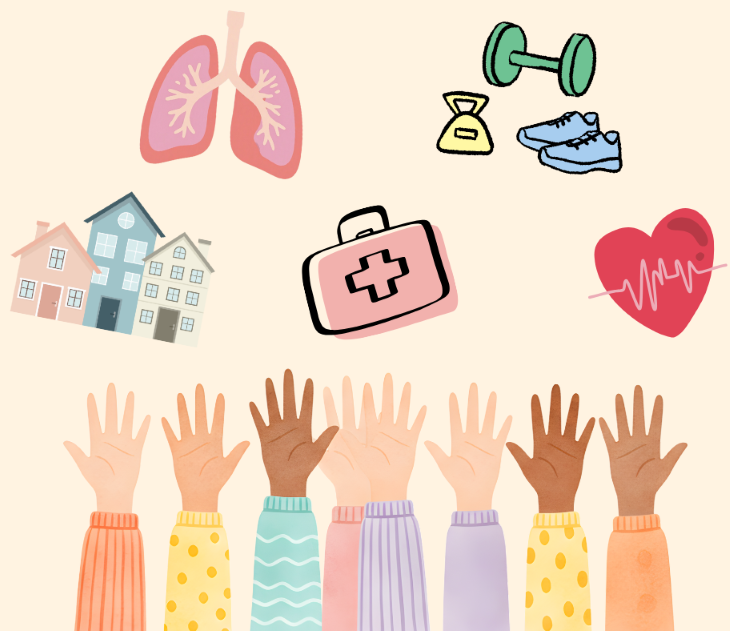 A graphic showing hands reaching for housing, health related images and gym equipment