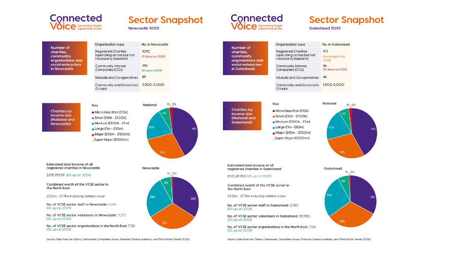 A series of infographics and pie charts showing VCSE trends in the North East for 2025