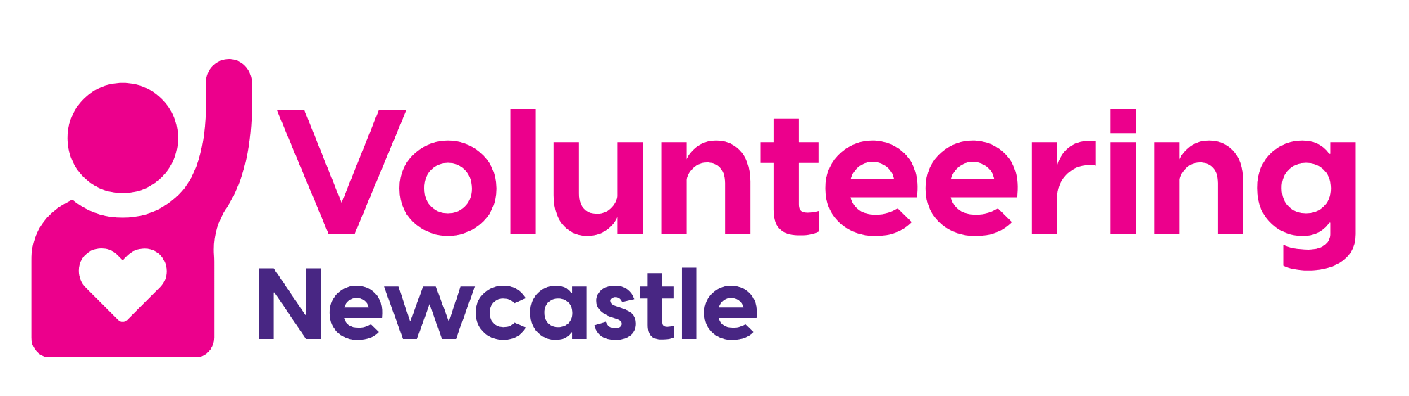 The Volunteering Newcastle Logo, a pink graphic of a human figure raising a hand, and pink/purple text reding 'Volunteering Newcastle'