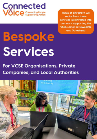 The Front Cover of the Connected Voice Bespoke Service Brochure, showing a bold orange title and a picture of three happy people on laptops