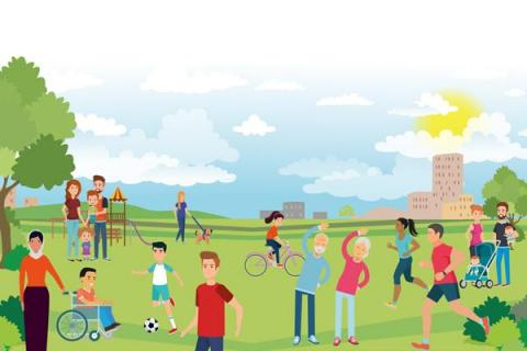 illustration of a community park with people playing and exercising