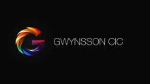 The logo for Gwynsson CIC, including a multicoloured G on a black background