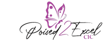 The Poised2Excel CIC logo, featuring cursive writing and a butterfly