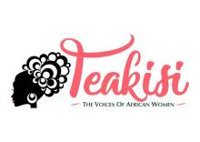 Silhouette of a woman next to the word Teakisi in pink letters and underneath the words, the voices of african women