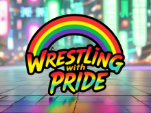 Logo featuring pride colours and the words wrestling with pride 