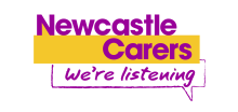 Newcastle Carers logo. Purple text says Newcastle Carers, we're listening. The logo is a yellow and purple speech bubble