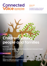 Front cover of the Connected Voice magazine with an image of someone painting a tree